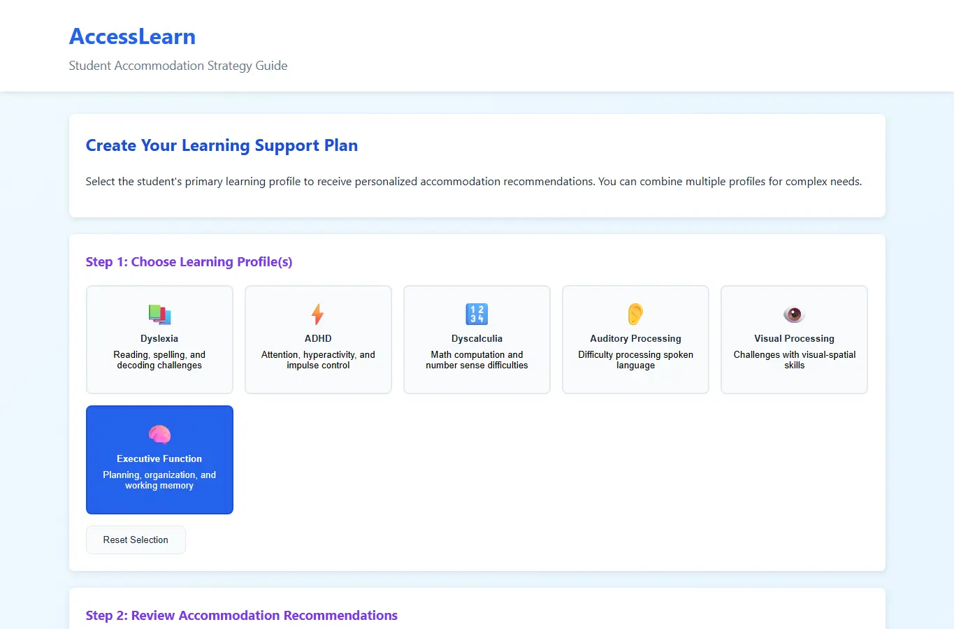 Screenshot of AccessLearn: Student Accommodation Strategy Guide interface showing the project page in use
